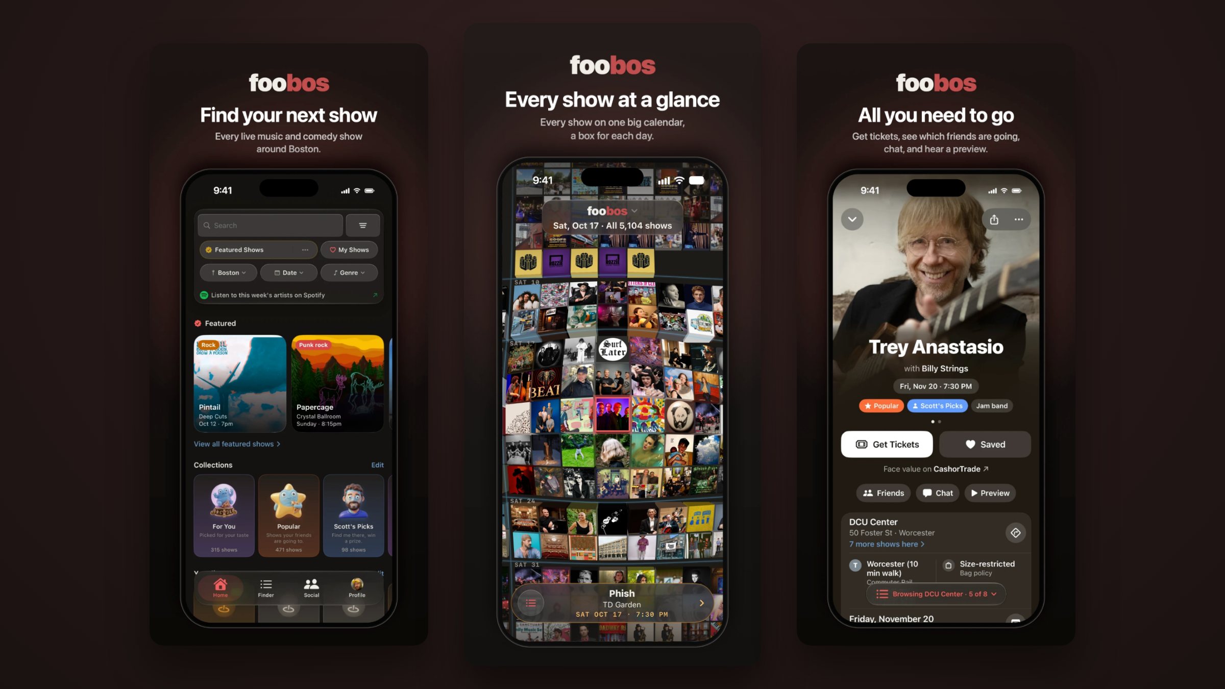 Three iPhone screens from the new foobos app: Home, the show calendar and a show page