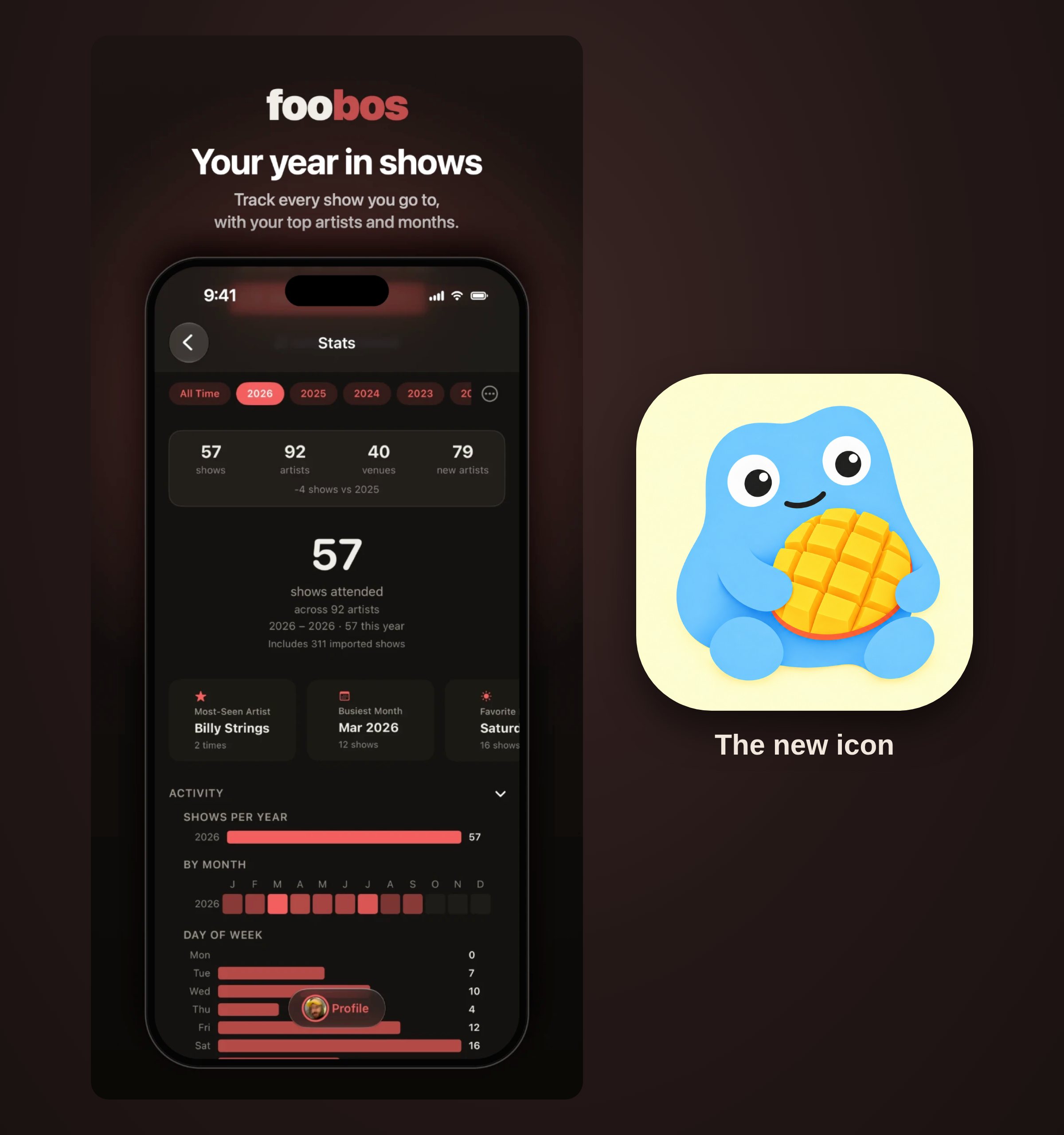 The Stats screen next to the new foobos app icon
