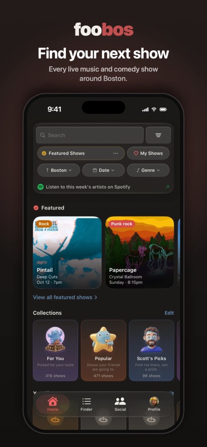 foobos iOS app: Home, with the Featured rail and collections
