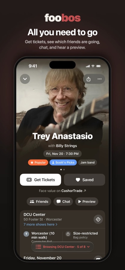 foobos iOS app: a show page, with tickets, friends, chat and a preview