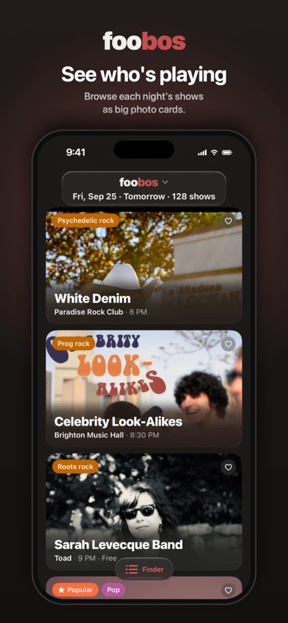 foobos iOS app: Cards, each night's shows as big photo cards